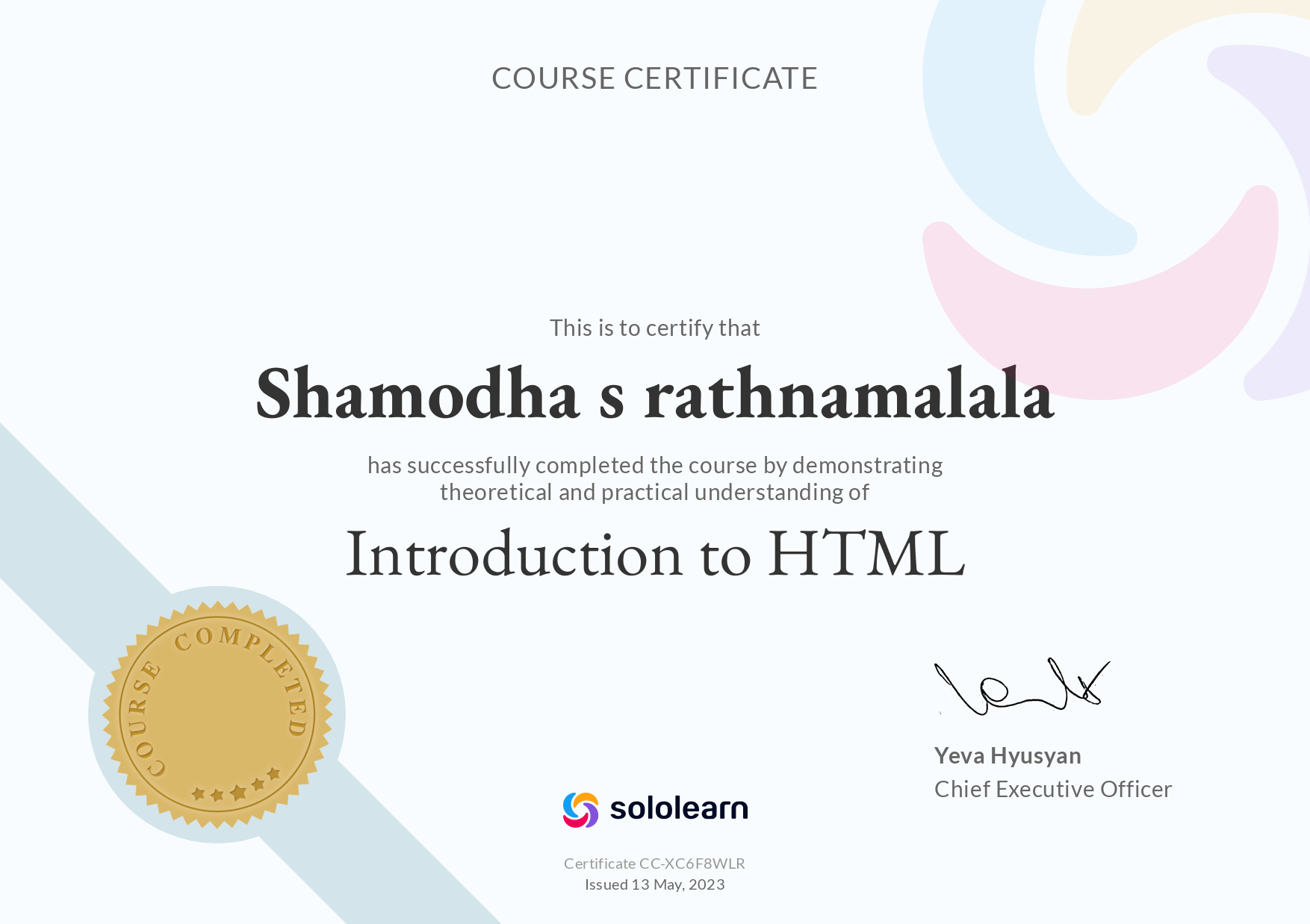 html solo learn certificate