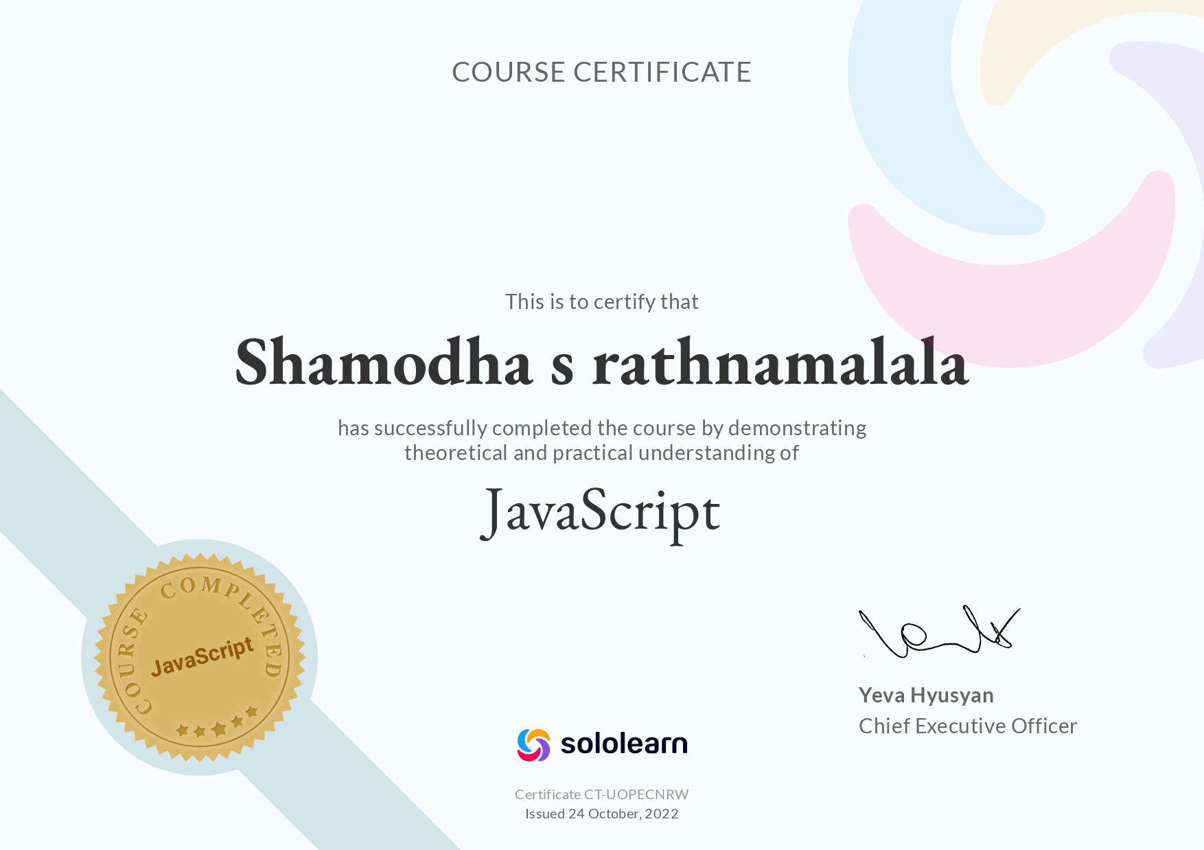 javaScript solo learn certificate